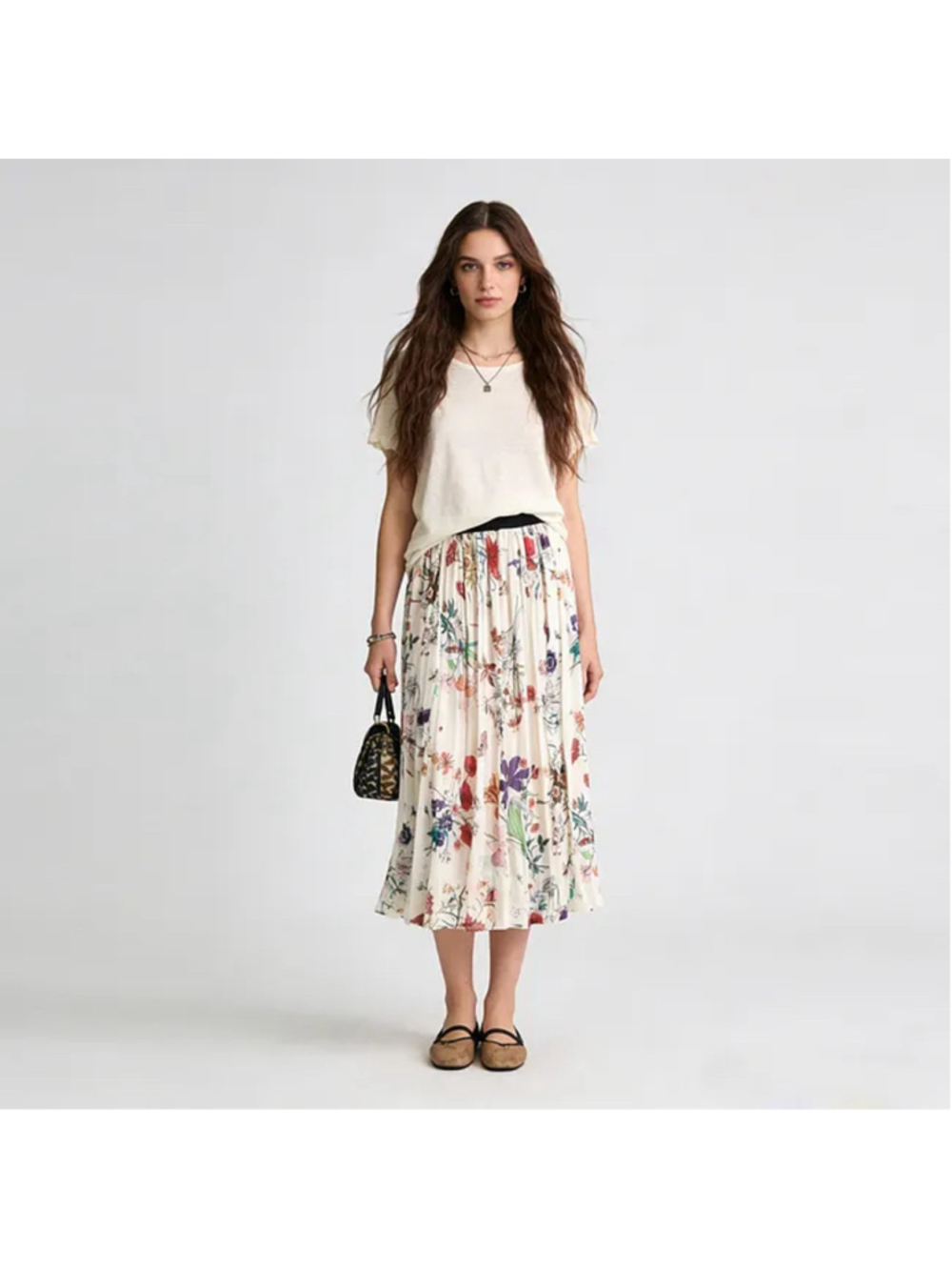 Women's Unbranded Silk Floral Pleated Midi Skirt Size S Beige Multicolor